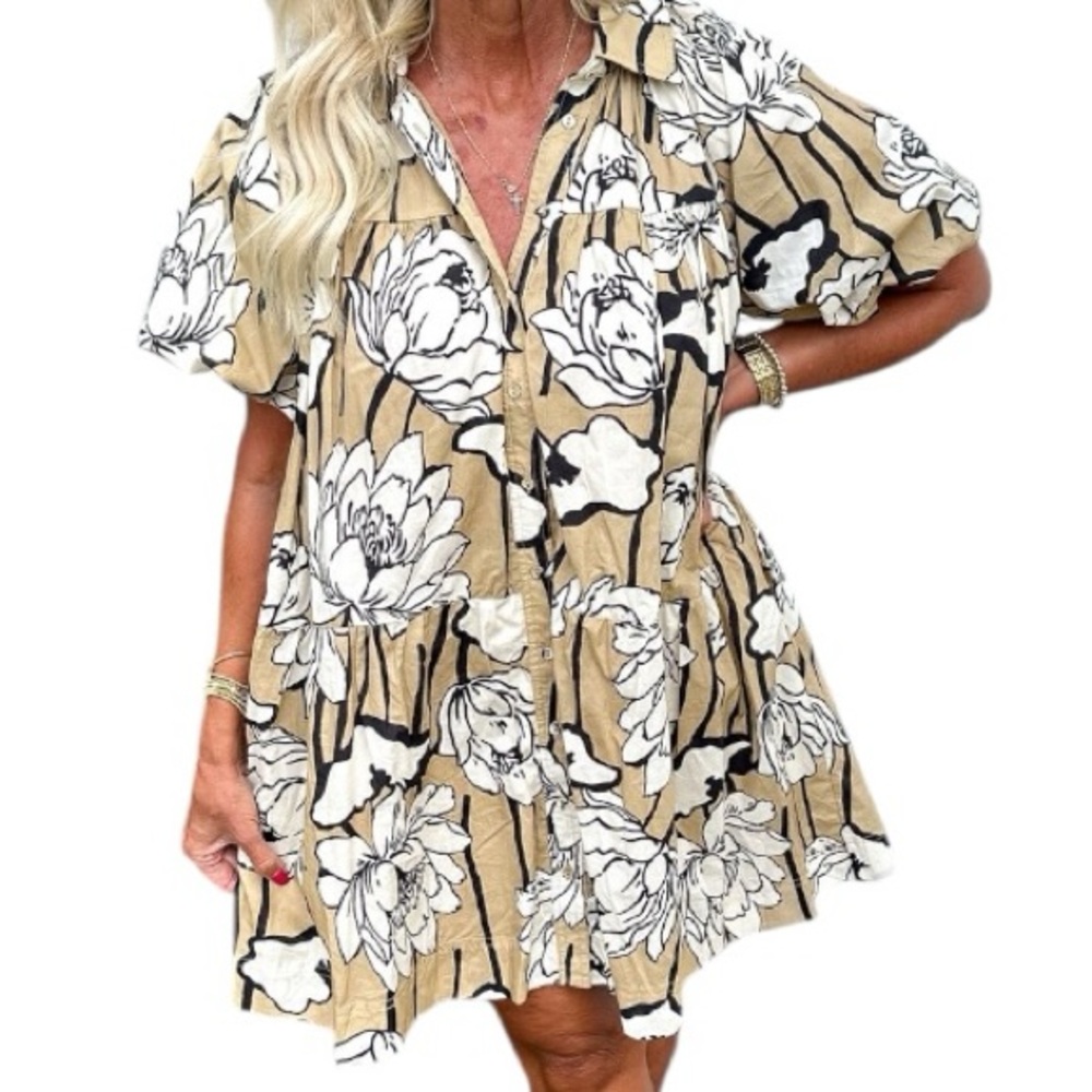 AUREUM Tan and White Mini Sundress with Puff Sleeves